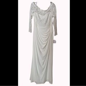 White Long Sleeve Lace Bodice Draped Evening Gown
